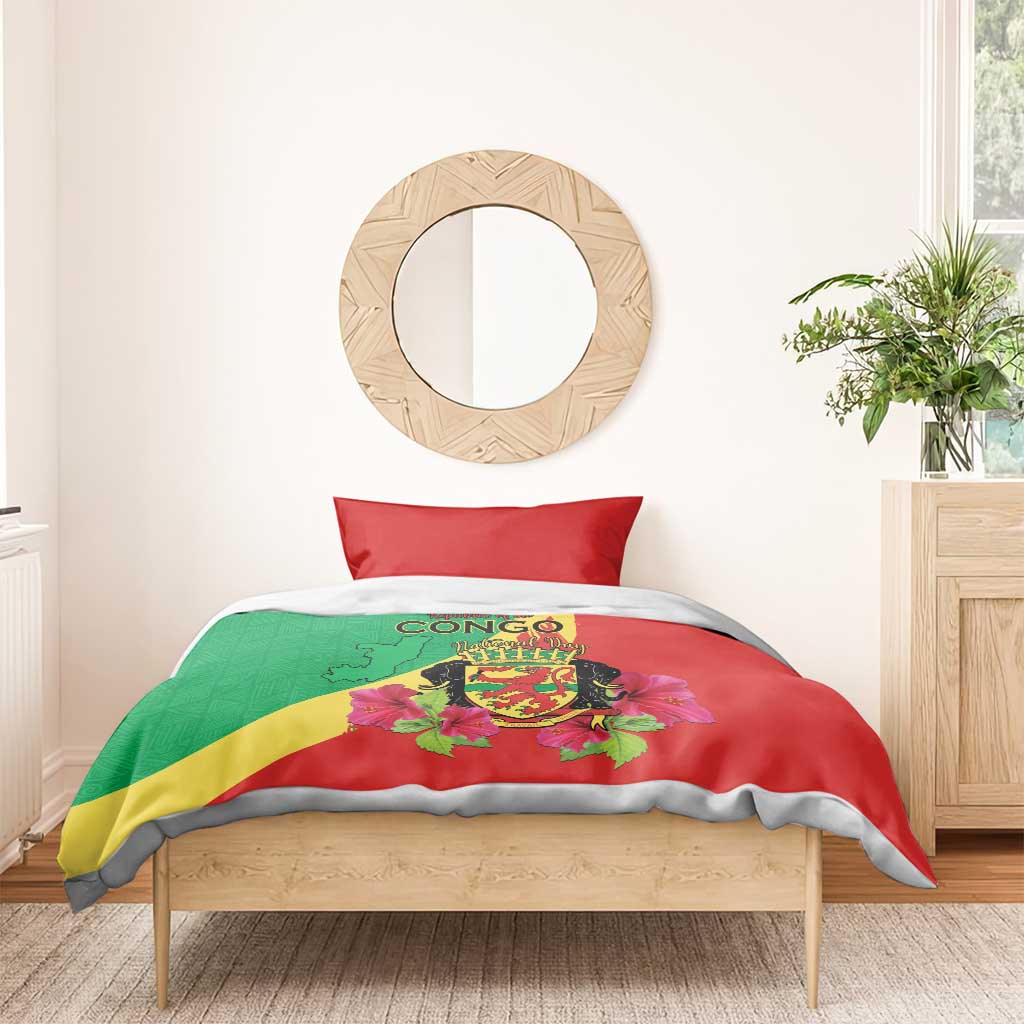 Personalized Congo Brazzaville National Day Bedding Set Coat Of Arms Hibiscus Flower - Wonder Print Shop