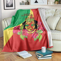 Personalized Congo Brazzaville National Day Blanket Coat Of Arms Hibiscus Flower - Wonder Print Shop