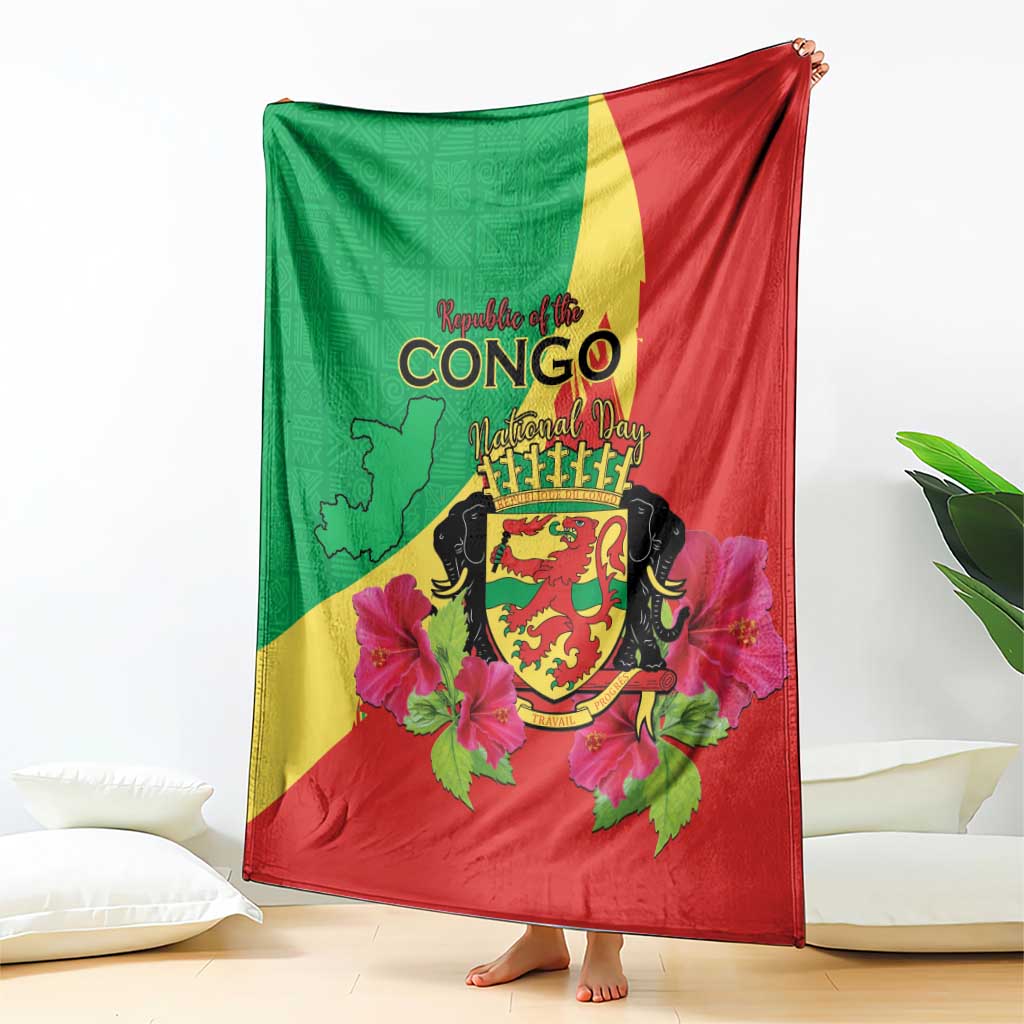 Personalized Congo Brazzaville National Day Blanket Coat Of Arms Hibiscus Flower - Wonder Print Shop