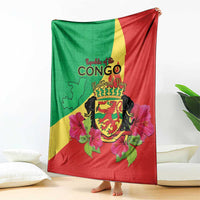 Personalized Congo Brazzaville National Day Blanket Coat Of Arms Hibiscus Flower - Wonder Print Shop