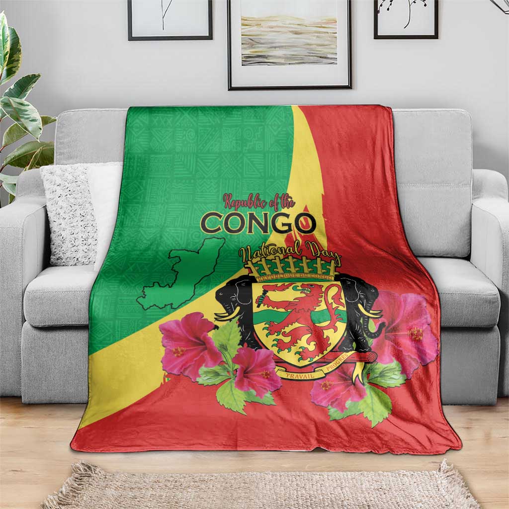 Personalized Congo Brazzaville National Day Blanket Coat Of Arms Hibiscus Flower - Wonder Print Shop