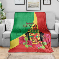 Personalized Congo Brazzaville National Day Blanket Coat Of Arms Hibiscus Flower - Wonder Print Shop
