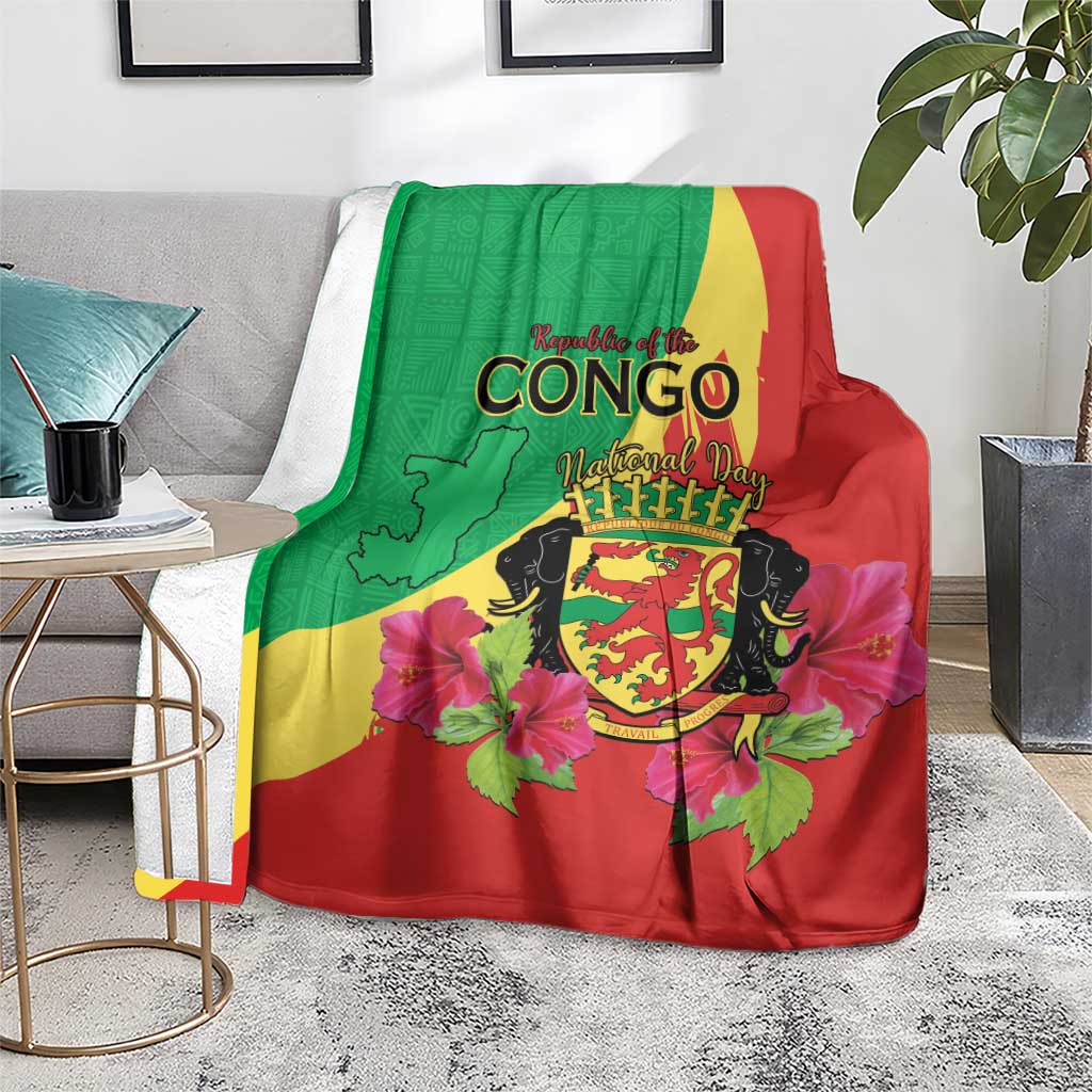 Personalized Congo Brazzaville National Day Blanket Coat Of Arms Hibiscus Flower - Wonder Print Shop