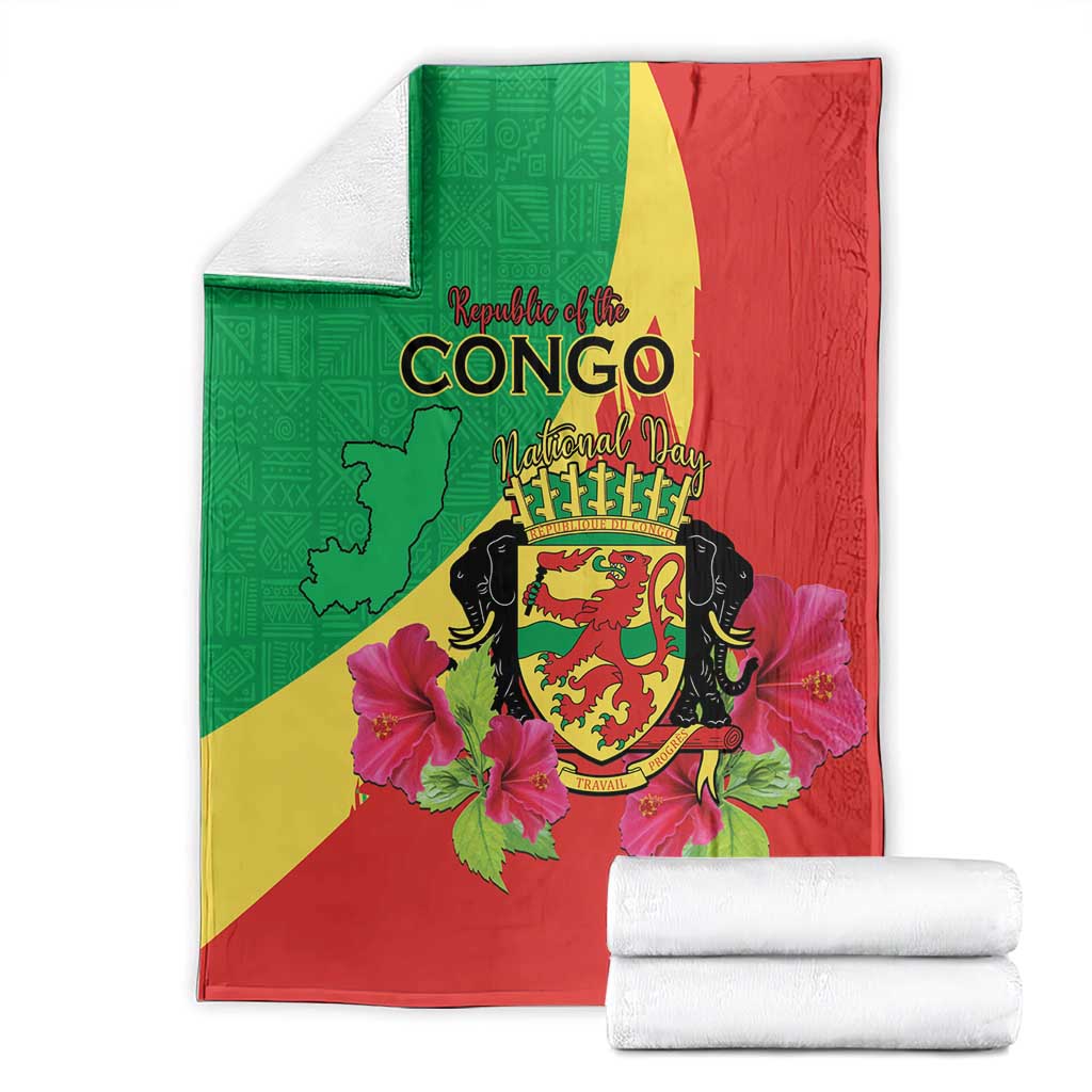 Personalized Congo Brazzaville National Day Blanket Coat Of Arms Hibiscus Flower - Wonder Print Shop