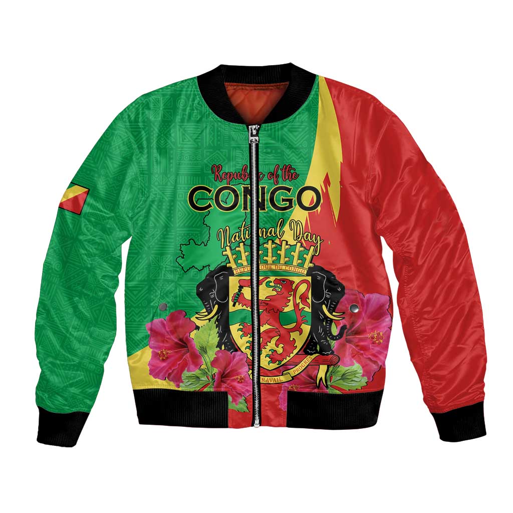 Personalized Congo Brazzaville National Day Bomber Jacket Coat Of Arms Hibiscus Flower - Wonder Print Shop