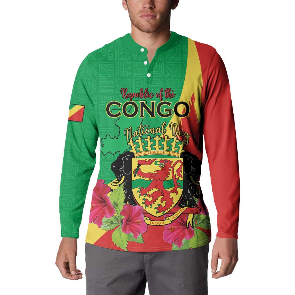 Personalized Congo Brazzaville National Day Button Sweatshirt Coat Of Arms Hibiscus Flower - Wonder Print Shop