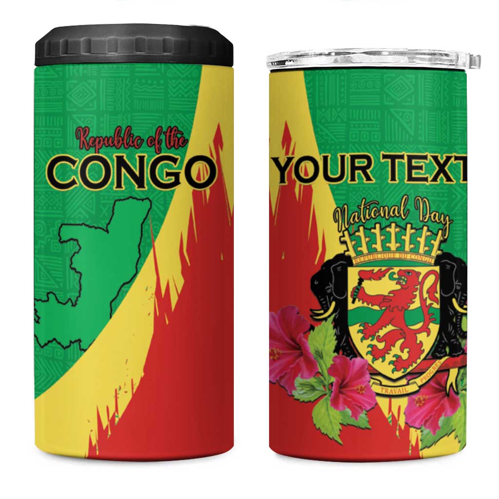 Personalized Congo Brazzaville National Day 4 in 1 Can Cooler Tumbler Coat Of Arms Hibiscus Flower - Wonder Print Shop