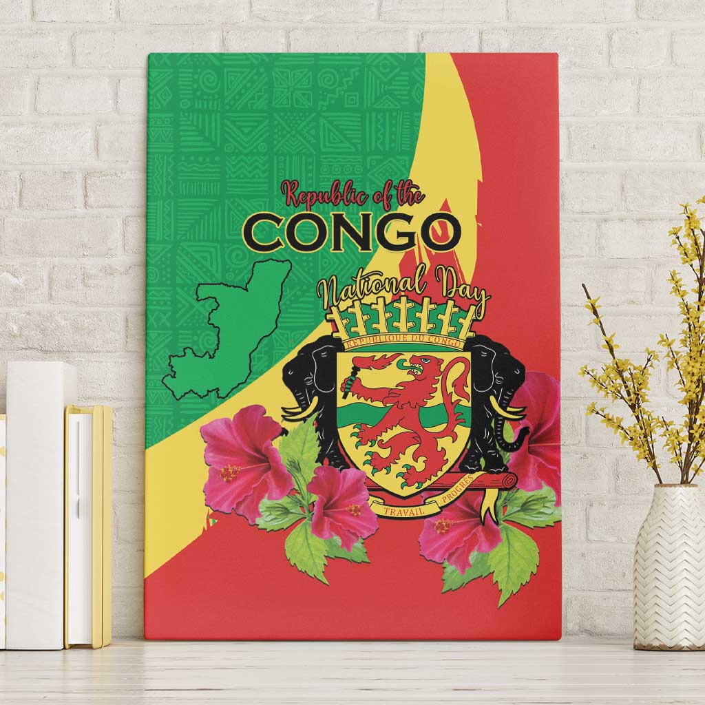 Personalized Congo Brazzaville National Day Canvas Wall Art Coat Of Arms Hibiscus Flower - Wonder Print Shop