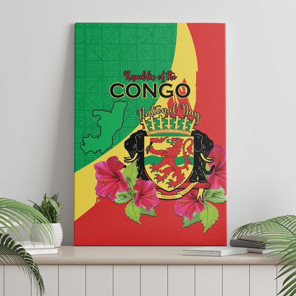 Personalized Congo Brazzaville National Day Canvas Wall Art Coat Of Arms Hibiscus Flower - Wonder Print Shop