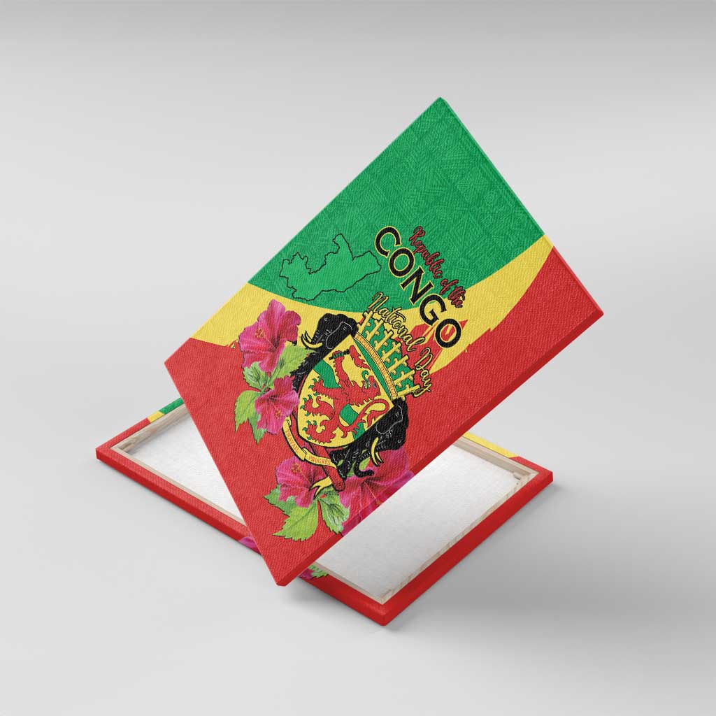 Personalized Congo Brazzaville National Day Canvas Wall Art Coat Of Arms Hibiscus Flower - Wonder Print Shop
