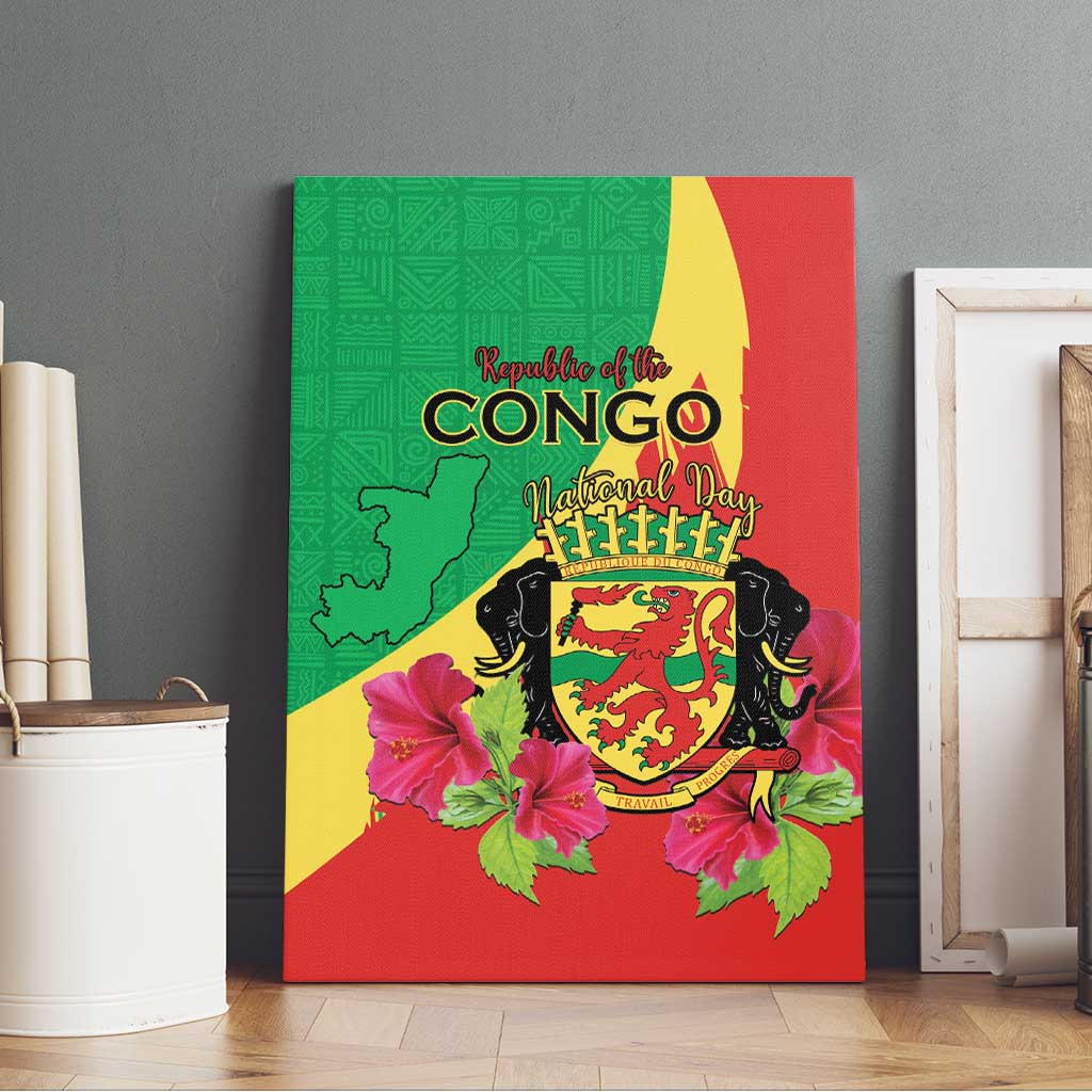 Personalized Congo Brazzaville National Day Canvas Wall Art Coat Of Arms Hibiscus Flower - Wonder Print Shop
