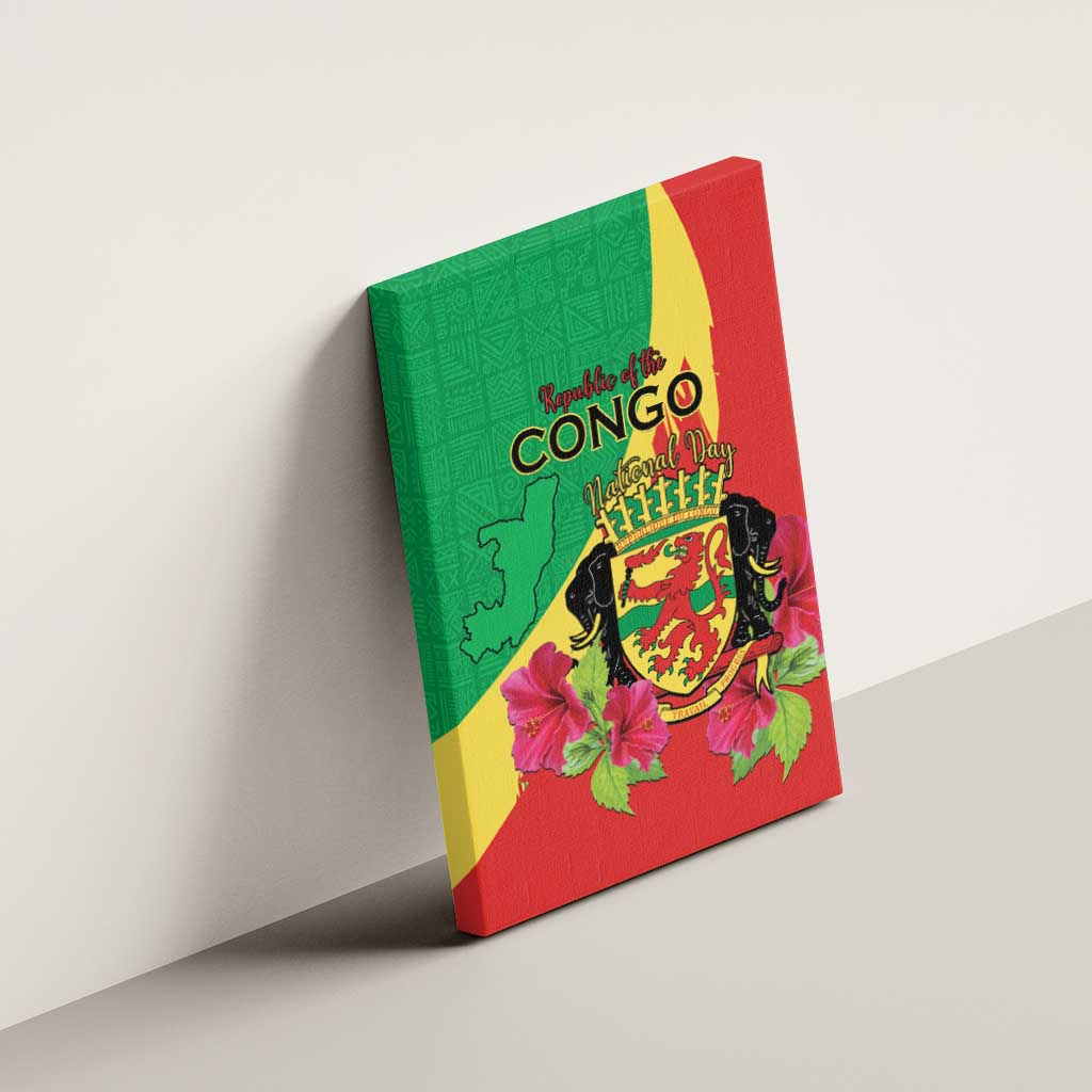 Personalized Congo Brazzaville National Day Canvas Wall Art Coat Of Arms Hibiscus Flower - Wonder Print Shop