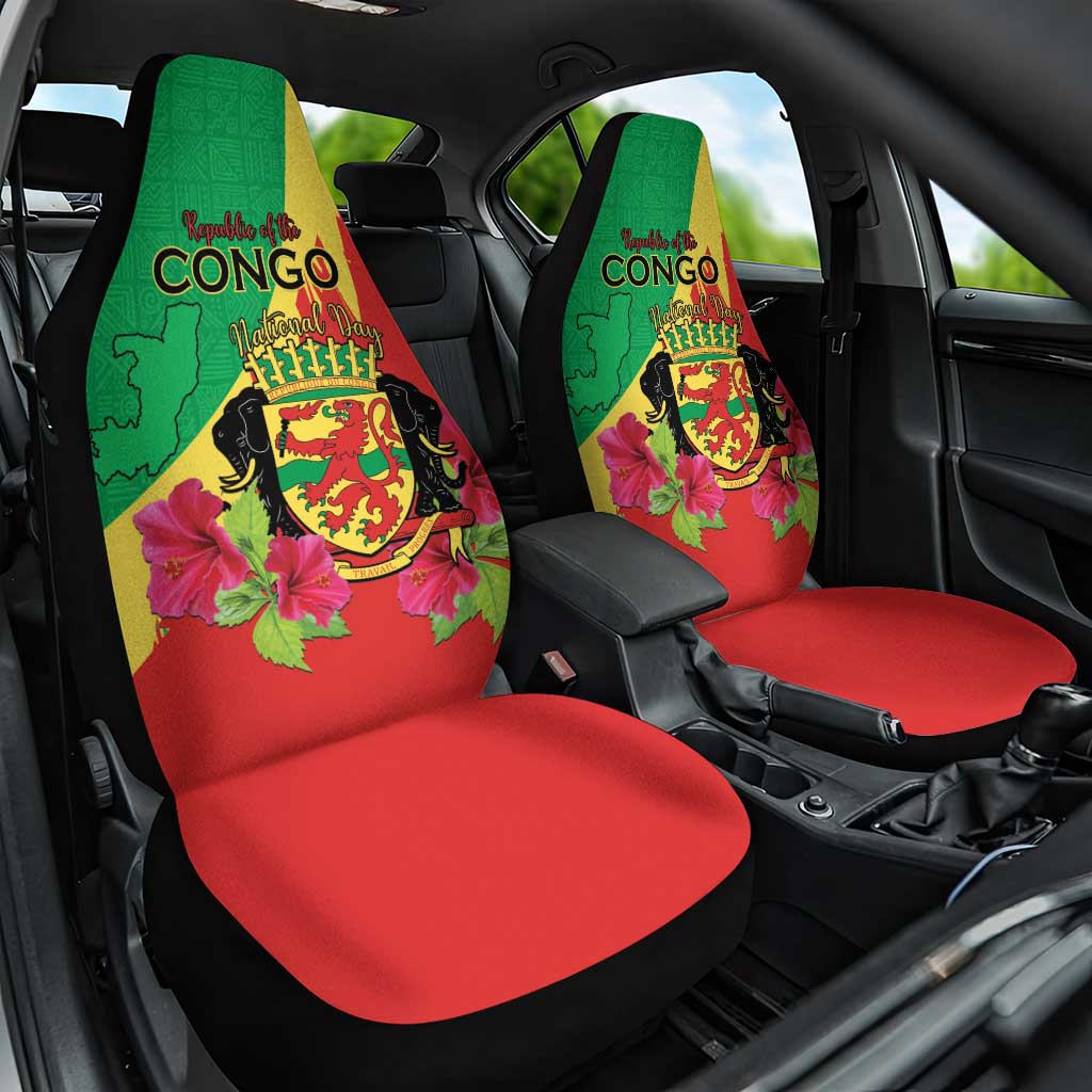 Personalized Congo Brazzaville National Day Car Seat Cover Coat Of Arms Hibiscus Flower - Wonder Print Shop