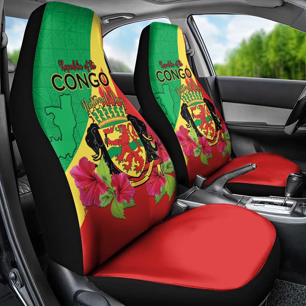Personalized Congo Brazzaville National Day Car Seat Cover Coat Of Arms Hibiscus Flower - Wonder Print Shop