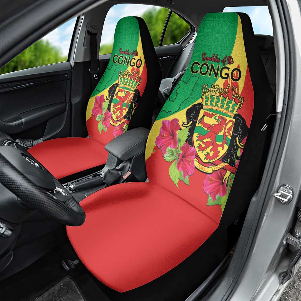 Personalized Congo Brazzaville National Day Car Seat Cover Coat Of Arms Hibiscus Flower - Wonder Print Shop