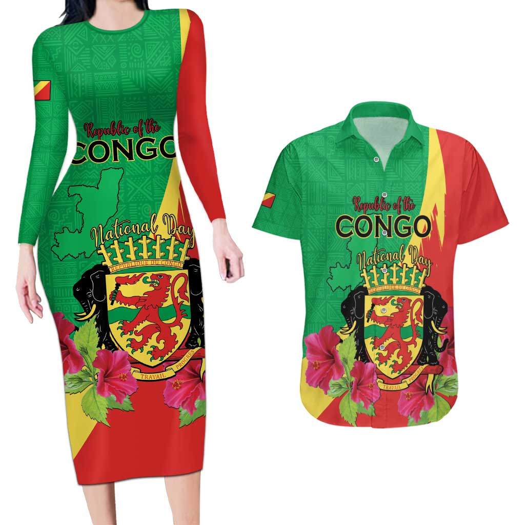 Personalized Congo Brazzaville National Day Couples Matching Long Sleeve Bodycon Dress and Hawaiian Shirt Coat Of Arms Hibiscus Flower - Wonder Print Shop