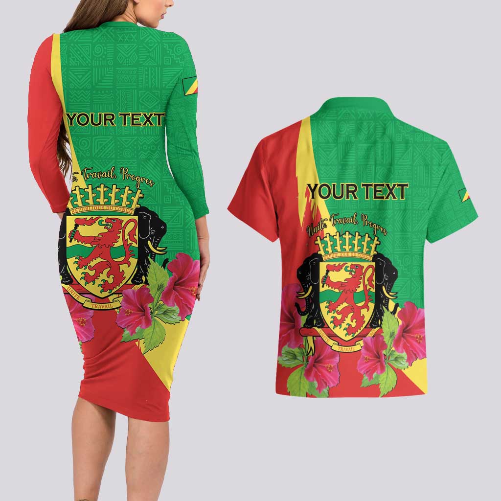 Personalized Congo Brazzaville National Day Couples Matching Long Sleeve Bodycon Dress and Hawaiian Shirt Coat Of Arms Hibiscus Flower - Wonder Print Shop