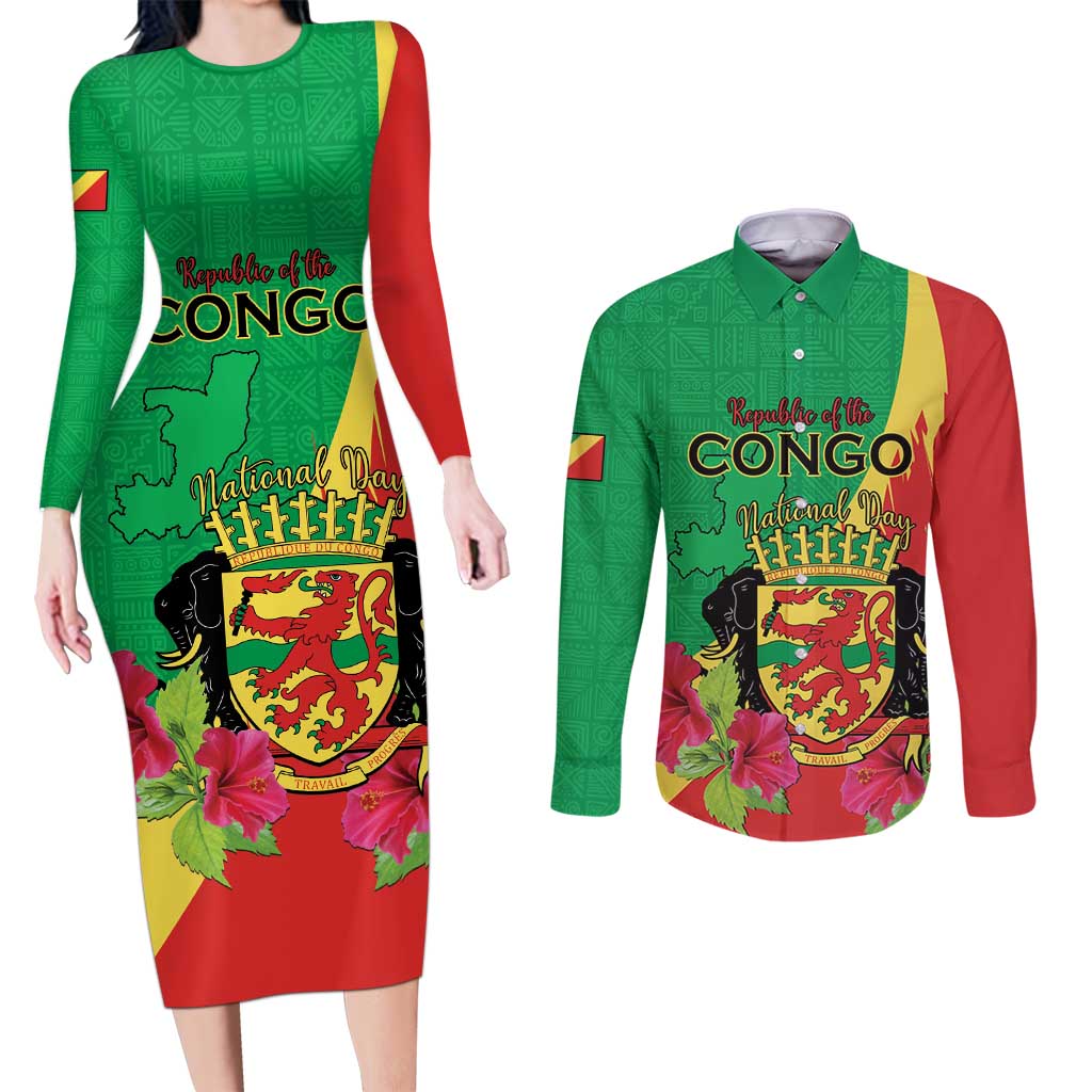 Personalized Congo Brazzaville National Day Couples Matching Long Sleeve Bodycon Dress and Long Sleeve Button Shirt Coat Of Arms Hibiscus Flower - Wonder Print Shop