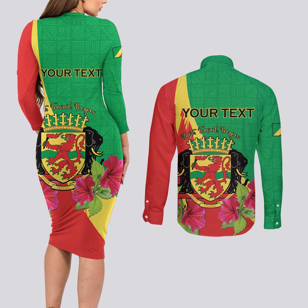 Personalized Congo Brazzaville National Day Couples Matching Long Sleeve Bodycon Dress and Long Sleeve Button Shirt Coat Of Arms Hibiscus Flower - Wonder Print Shop