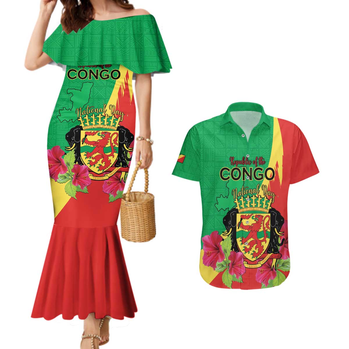 Personalized Congo Brazzaville National Day Couples Matching Mermaid Dress and Hawaiian Shirt Coat Of Arms Hibiscus Flower - Wonder Print Shop