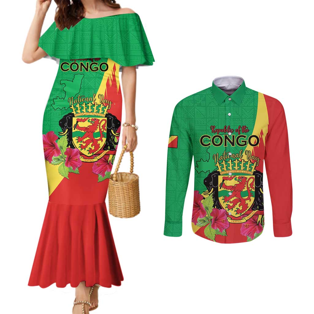 Personalized Congo Brazzaville National Day Couples Matching Mermaid Dress and Long Sleeve Button Shirt Coat Of Arms Hibiscus Flower - Wonder Print Shop