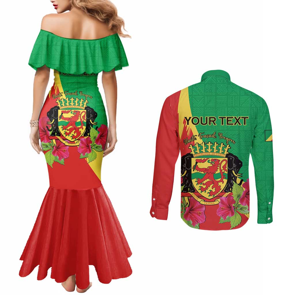 Personalized Congo Brazzaville National Day Couples Matching Mermaid Dress and Long Sleeve Button Shirt Coat Of Arms Hibiscus Flower - Wonder Print Shop