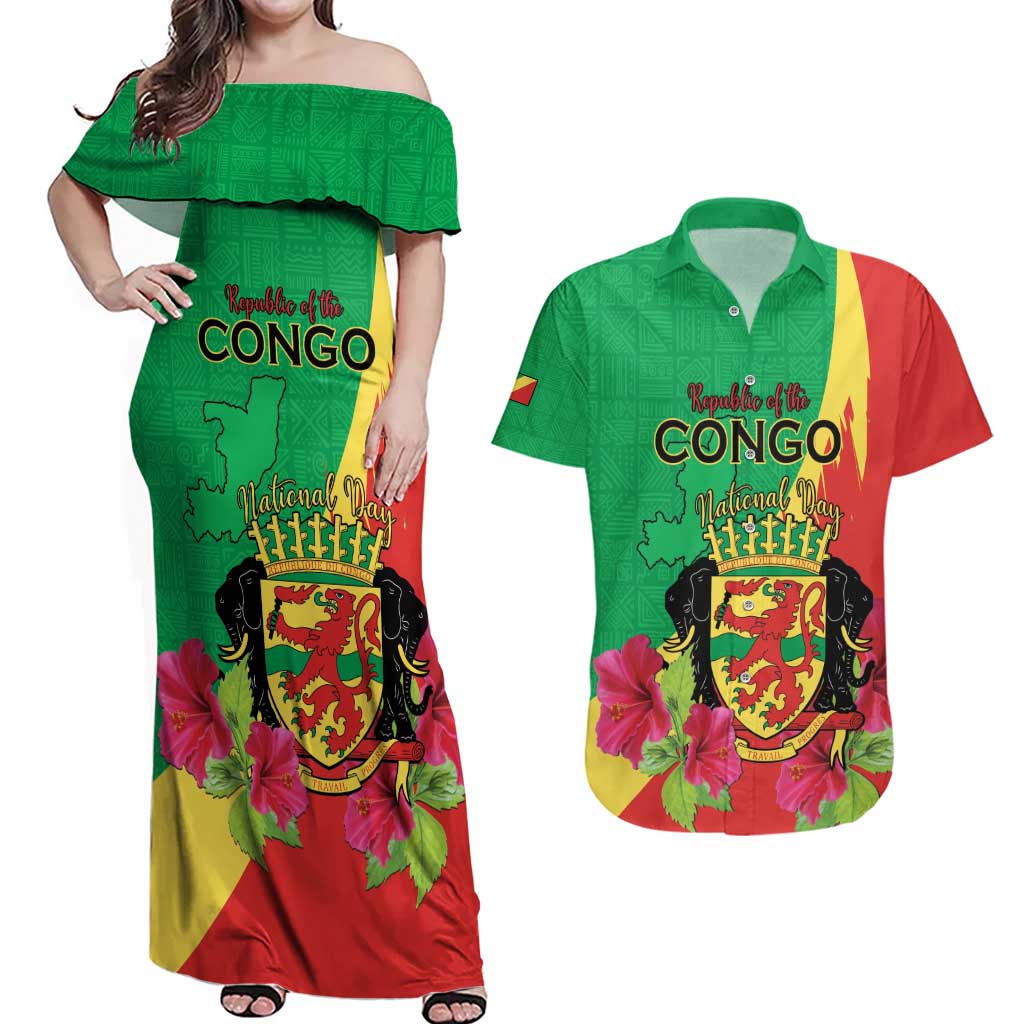 Personalized Congo Brazzaville National Day Couples Matching Off Shoulder Maxi Dress and Hawaiian Shirt Coat Of Arms Hibiscus Flower - Wonder Print Shop