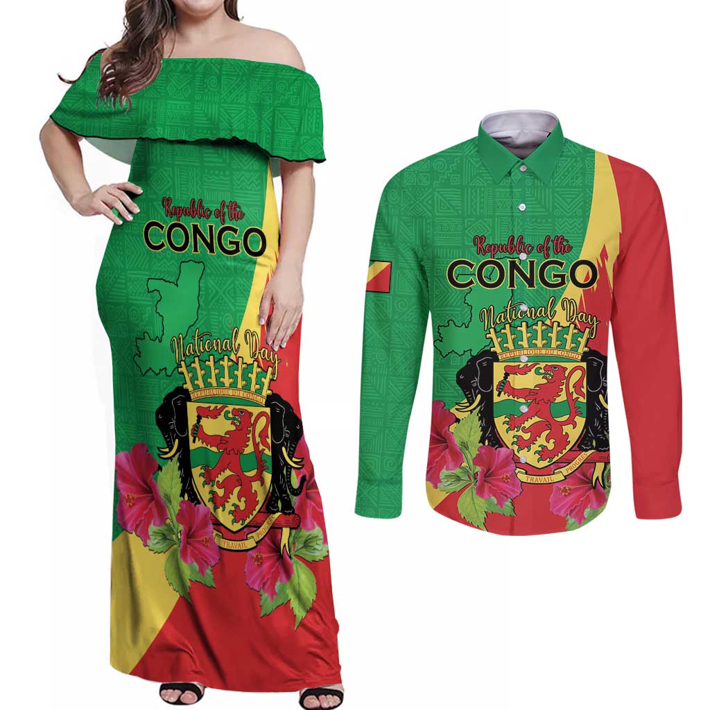 Personalized Congo Brazzaville National Day Couples Matching Off Shoulder Maxi Dress and Long Sleeve Button Shirt Coat Of Arms Hibiscus Flower - Wonder Print Shop