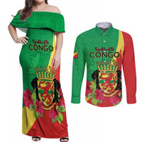 Personalized Congo Brazzaville National Day Couples Matching Off Shoulder Maxi Dress and Long Sleeve Button Shirt Coat Of Arms Hibiscus Flower - Wonder Print Shop