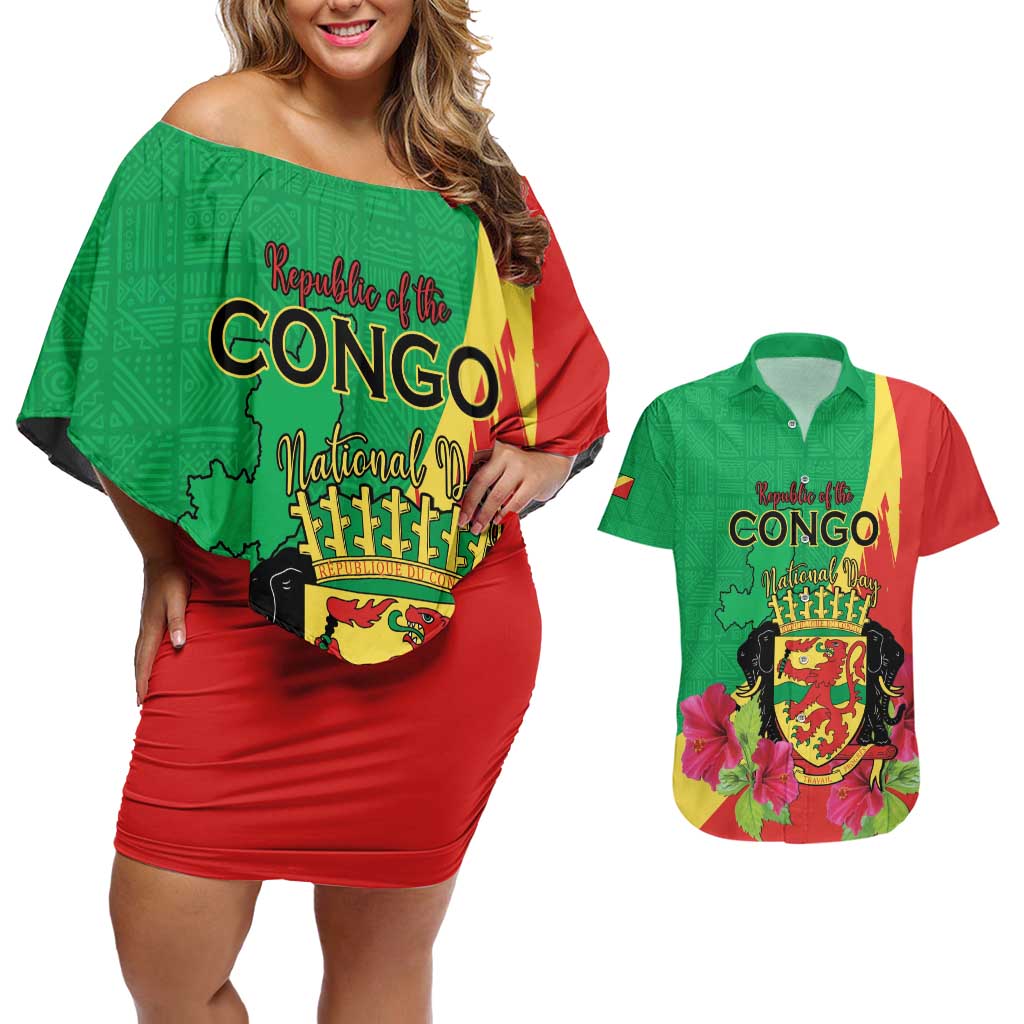 Personalized Congo Brazzaville National Day Couples Matching Off Shoulder Short Dress and Hawaiian Shirt Coat Of Arms Hibiscus Flower - Wonder Print Shop