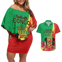 Personalized Congo Brazzaville National Day Couples Matching Off Shoulder Short Dress and Hawaiian Shirt Coat Of Arms Hibiscus Flower - Wonder Print Shop