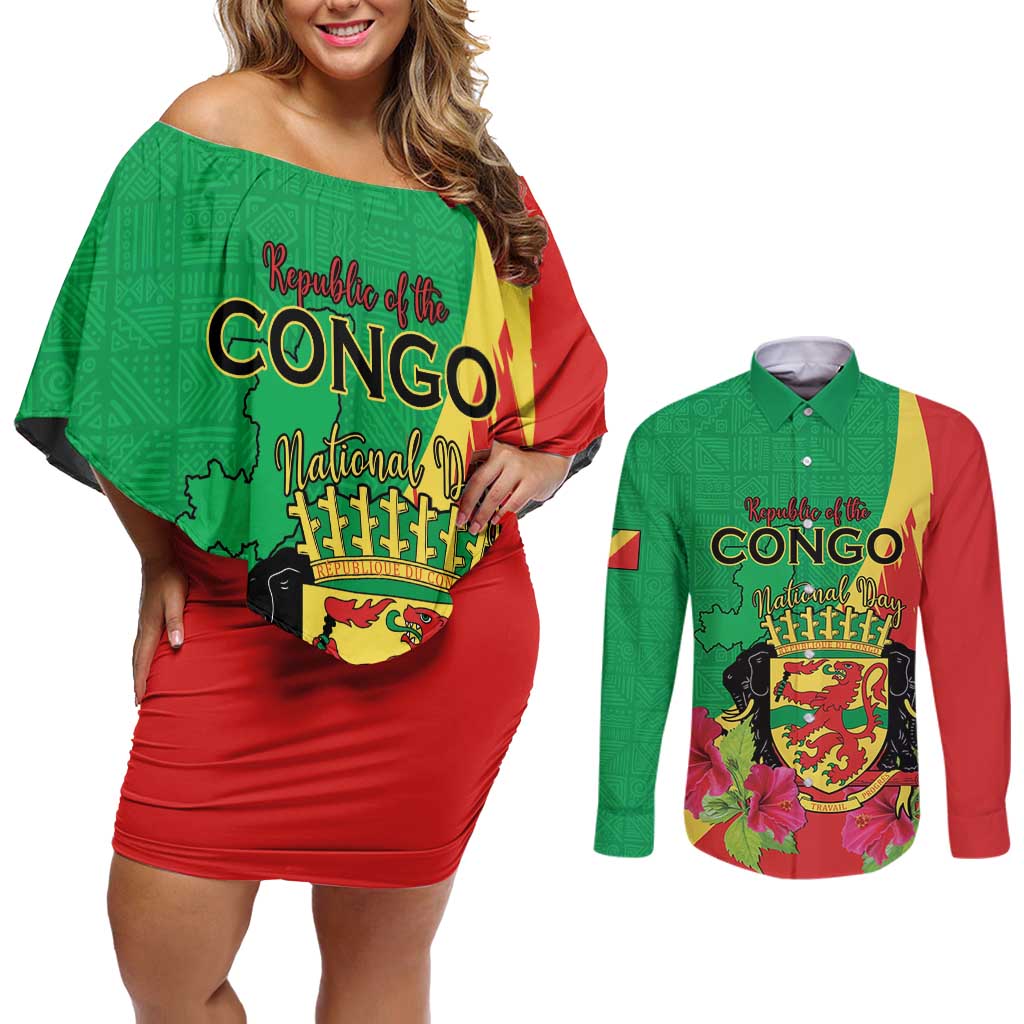 Personalized Congo Brazzaville National Day Couples Matching Off Shoulder Short Dress and Long Sleeve Button Shirt Coat Of Arms Hibiscus Flower - Wonder Print Shop