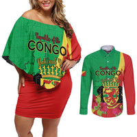 Personalized Congo Brazzaville National Day Couples Matching Off Shoulder Short Dress and Long Sleeve Button Shirt Coat Of Arms Hibiscus Flower - Wonder Print Shop