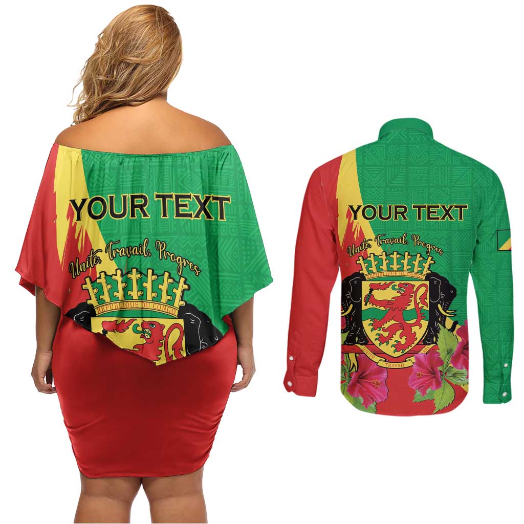 Personalized Congo Brazzaville National Day Couples Matching Off Shoulder Short Dress and Long Sleeve Button Shirt Coat Of Arms Hibiscus Flower - Wonder Print Shop