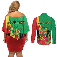 Personalized Congo Brazzaville National Day Couples Matching Off Shoulder Short Dress and Long Sleeve Button Shirt Coat Of Arms Hibiscus Flower - Wonder Print Shop