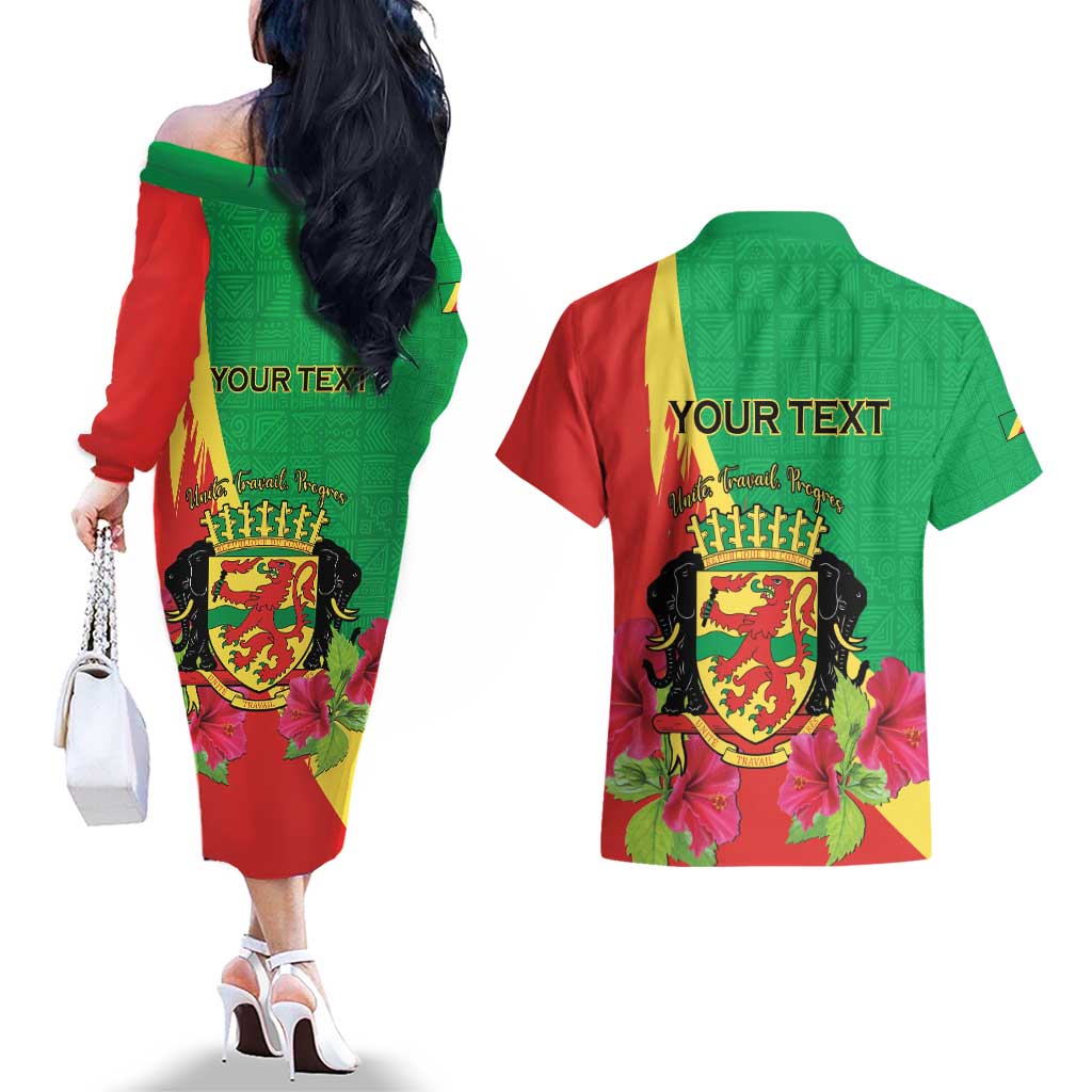 Personalized Congo Brazzaville National Day Couples Matching Off The Shoulder Long Sleeve Dress and Hawaiian Shirt Coat Of Arms Hibiscus Flower - Wonder Print Shop