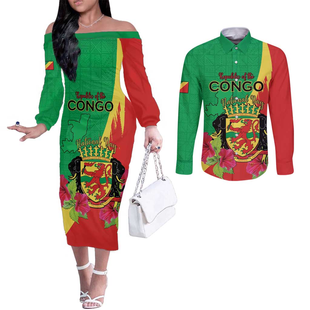 Personalized Congo Brazzaville National Day Couples Matching Off The Shoulder Long Sleeve Dress and Long Sleeve Button Shirt Coat Of Arms Hibiscus Flower - Wonder Print Shop