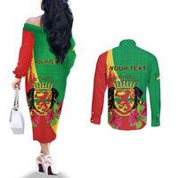 Personalized Congo Brazzaville National Day Couples Matching Off The Shoulder Long Sleeve Dress and Long Sleeve Button Shirt Coat Of Arms Hibiscus Flower - Wonder Print Shop