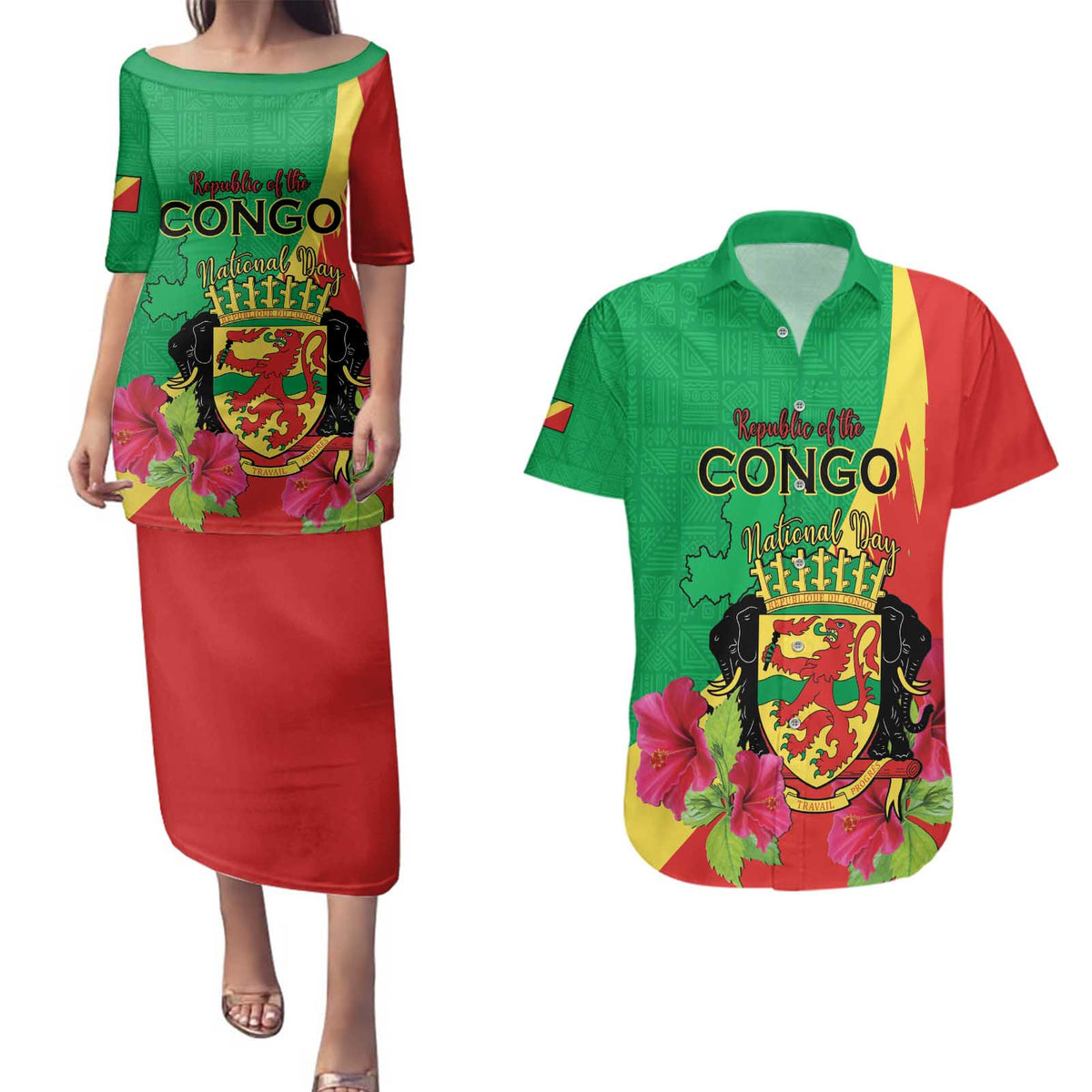 Personalized Congo Brazzaville National Day Couples Matching Puletasi and Hawaiian Shirt Coat Of Arms Hibiscus Flower - Wonder Print Shop