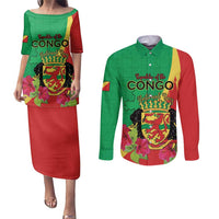 Personalized Congo Brazzaville National Day Couples Matching Puletasi and Long Sleeve Button Shirt Coat Of Arms Hibiscus Flower - Wonder Print Shop