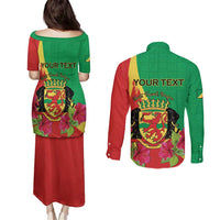 Personalized Congo Brazzaville National Day Couples Matching Puletasi and Long Sleeve Button Shirt Coat Of Arms Hibiscus Flower - Wonder Print Shop