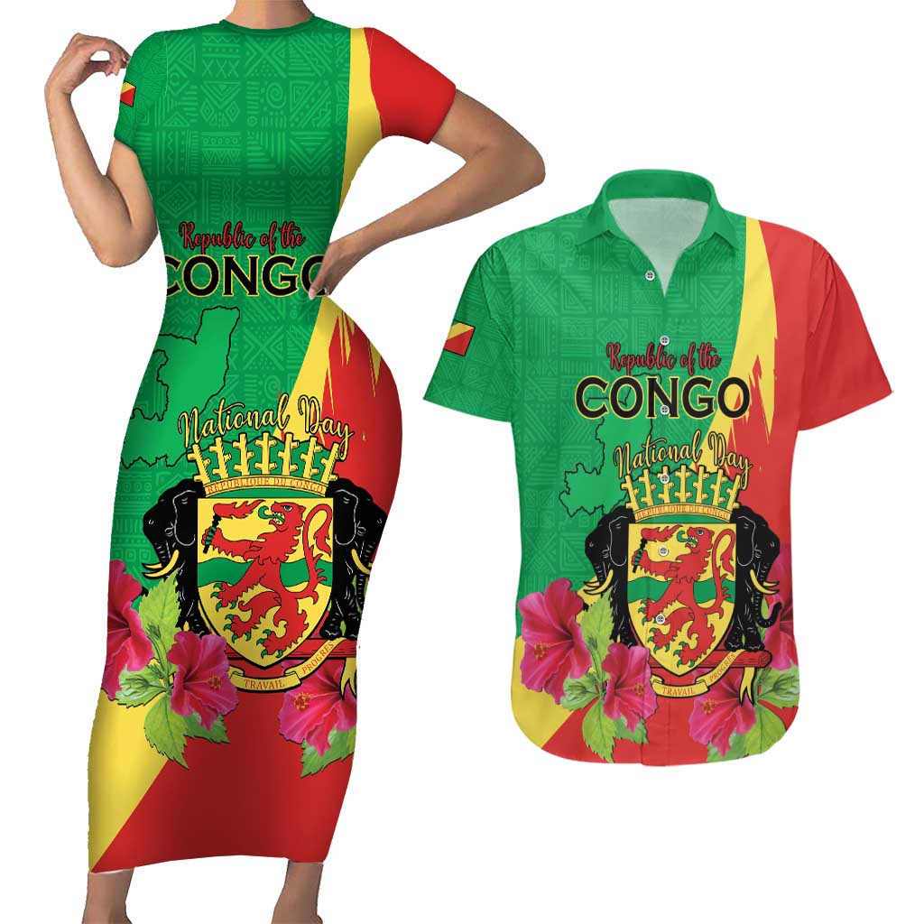 Personalized Congo Brazzaville National Day Couples Matching Short Sleeve Bodycon Dress and Hawaiian Shirt Coat Of Arms Hibiscus Flower - Wonder Print Shop