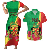 Personalized Congo Brazzaville National Day Couples Matching Short Sleeve Bodycon Dress and Hawaiian Shirt Coat Of Arms Hibiscus Flower - Wonder Print Shop