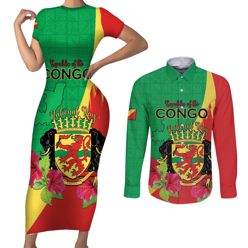Personalized Congo Brazzaville National Day Couples Matching Short Sleeve Bodycon Dress and Long Sleeve Button Shirt Coat Of Arms Hibiscus Flower - Wonder Print Shop