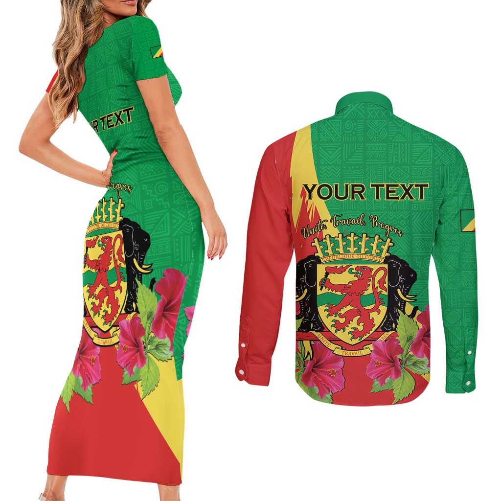 Personalized Congo Brazzaville National Day Couples Matching Short Sleeve Bodycon Dress and Long Sleeve Button Shirt Coat Of Arms Hibiscus Flower - Wonder Print Shop