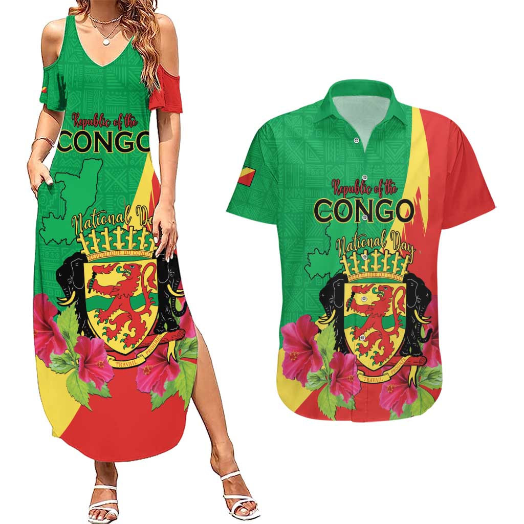 Personalized Congo Brazzaville National Day Couples Matching Summer Maxi Dress and Hawaiian Shirt Coat Of Arms Hibiscus Flower - Wonder Print Shop
