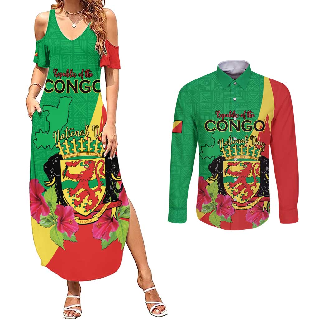 Personalized Congo Brazzaville National Day Couples Matching Summer Maxi Dress and Long Sleeve Button Shirt Coat Of Arms Hibiscus Flower - Wonder Print Shop