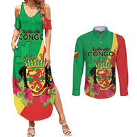 Personalized Congo Brazzaville National Day Couples Matching Summer Maxi Dress and Long Sleeve Button Shirt Coat Of Arms Hibiscus Flower - Wonder Print Shop