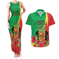 Personalized Congo Brazzaville National Day Couples Matching Tank Maxi Dress and Hawaiian Shirt Coat Of Arms Hibiscus Flower - Wonder Print Shop