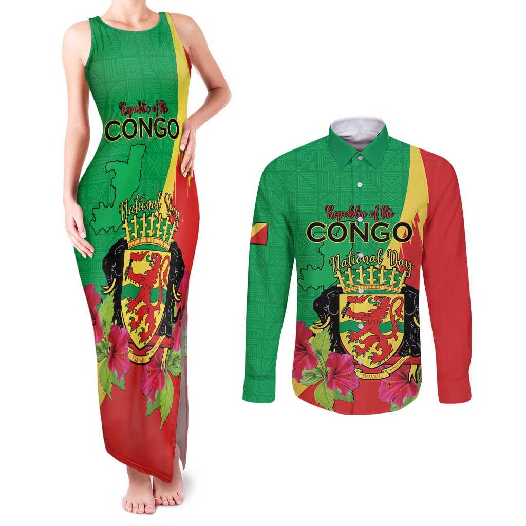 Personalized Congo Brazzaville National Day Couples Matching Tank Maxi Dress and Long Sleeve Button Shirt Coat Of Arms Hibiscus Flower - Wonder Print Shop